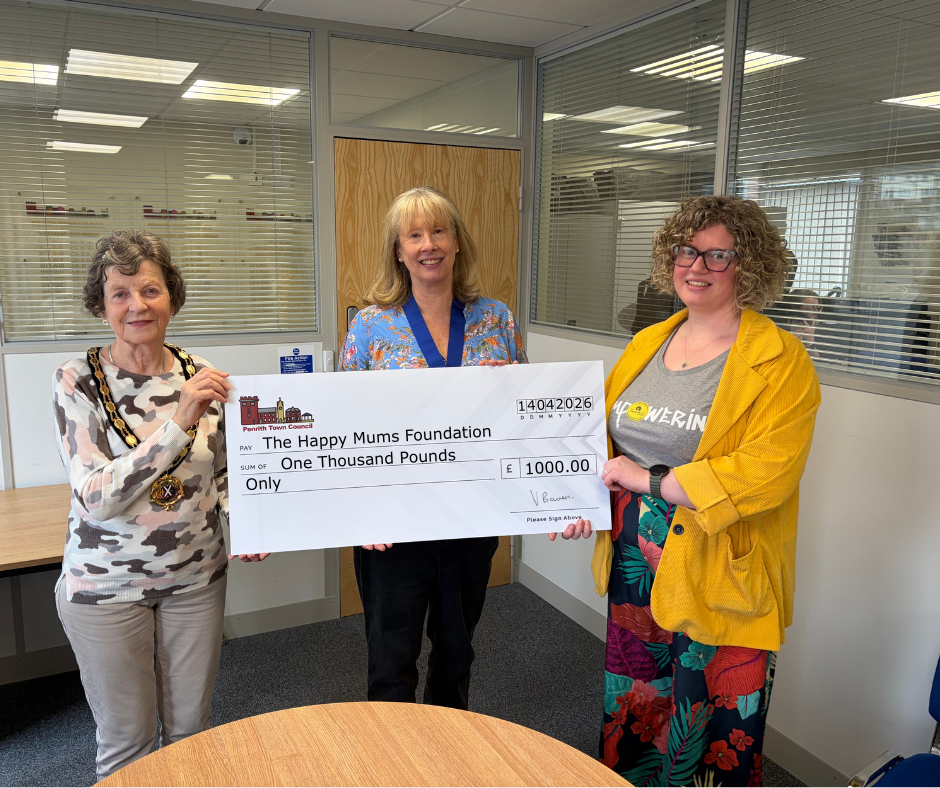 :(From left to right): Cllr Val Bowen (Penrith Town Council Chair & Penrith Mayor), Cllr Barbara Jayson (Penrith Town Council Deputy Chair & Penrith Deputy Mayor), Lucinda (Happy Mums Foundation).